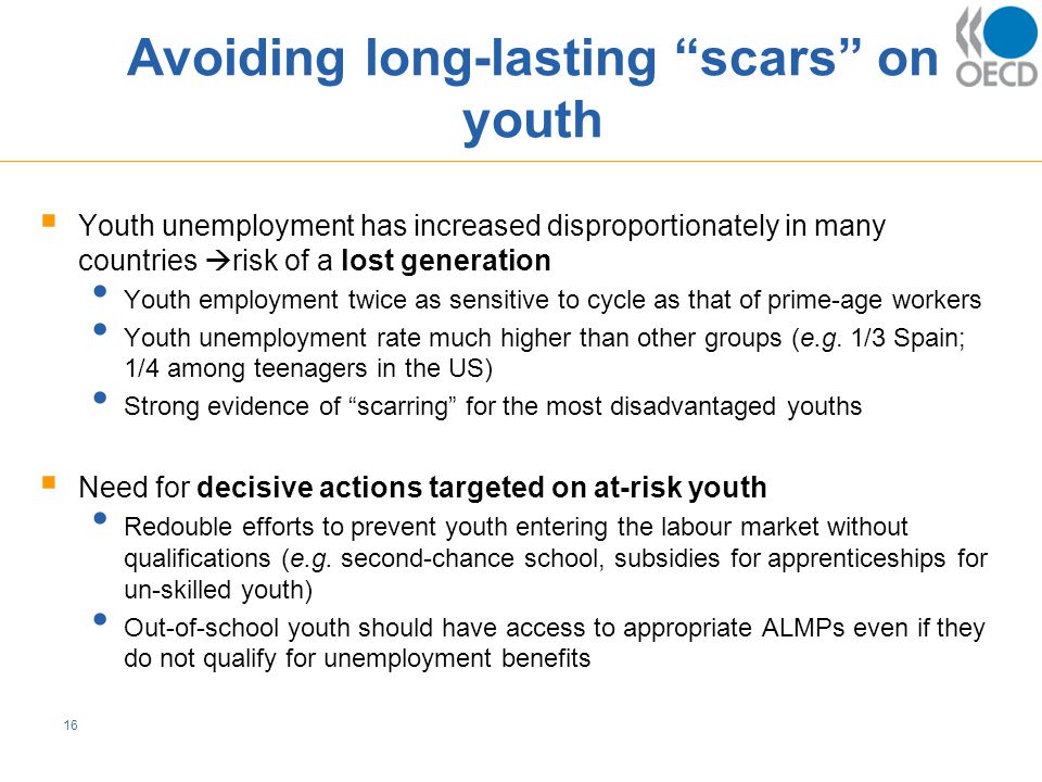 Avoiding long-lasting scars on youth  Youth unemployment has increased disproportionately in many countries  risk of a lost generation Youth employment twice as sensitive to cycle as that of prime-age workers Youth unemployment rate much higher than other groups (e.g.