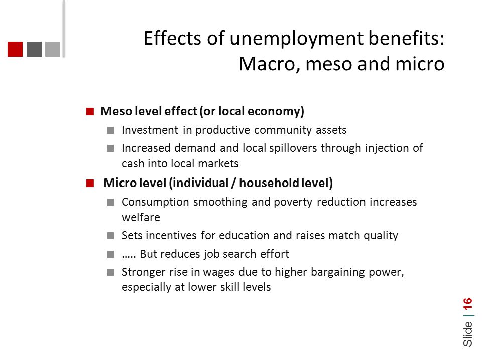 Slide | 16 Effects of unemployment benefits: Macro, meso and micro Meso level effect (or local economy) Investment in productive community assets Increased demand and local spillovers through injection of cash into local markets Micro level (individual / household level) Consumption smoothing and poverty reduction increases welfare Sets incentives for education and raises match quality …..