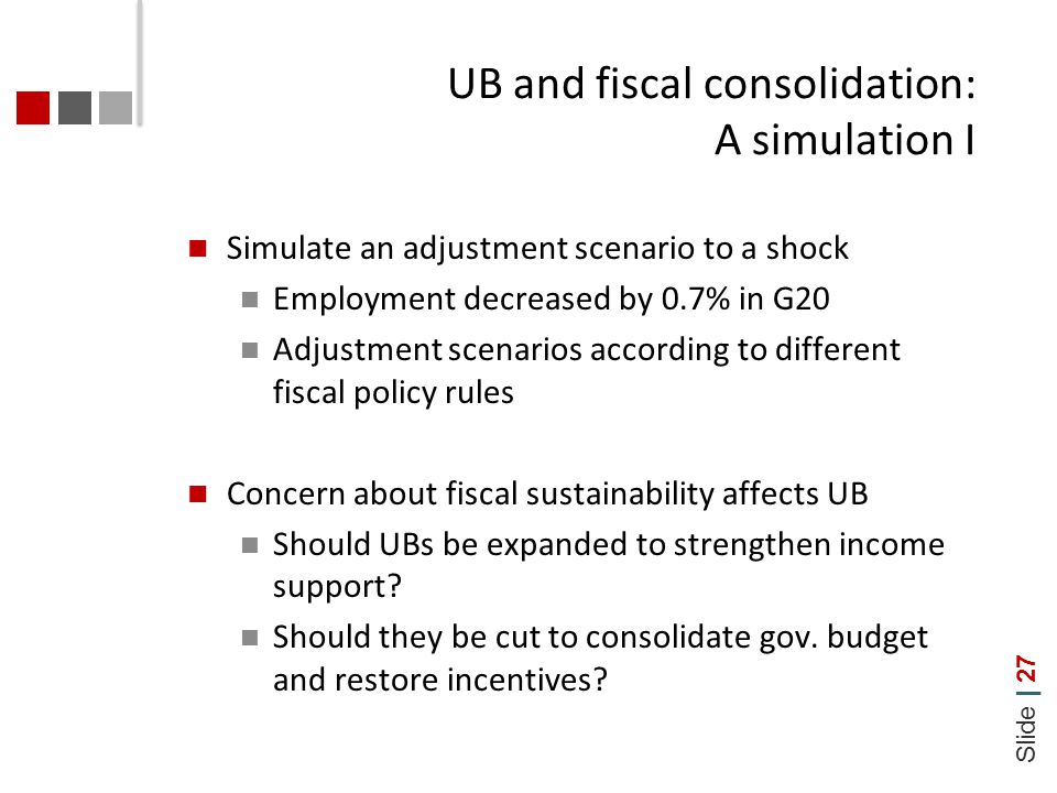 Slide | 27 UB and fiscal consolidation: A simulation I Simulate an adjustment scenario to a shock Employment decreased by 0.7% in G20 Adjustment scenarios according to different fiscal policy rules Concern about fiscal sustainability affects UB Should UBs be expanded to strengthen income support.