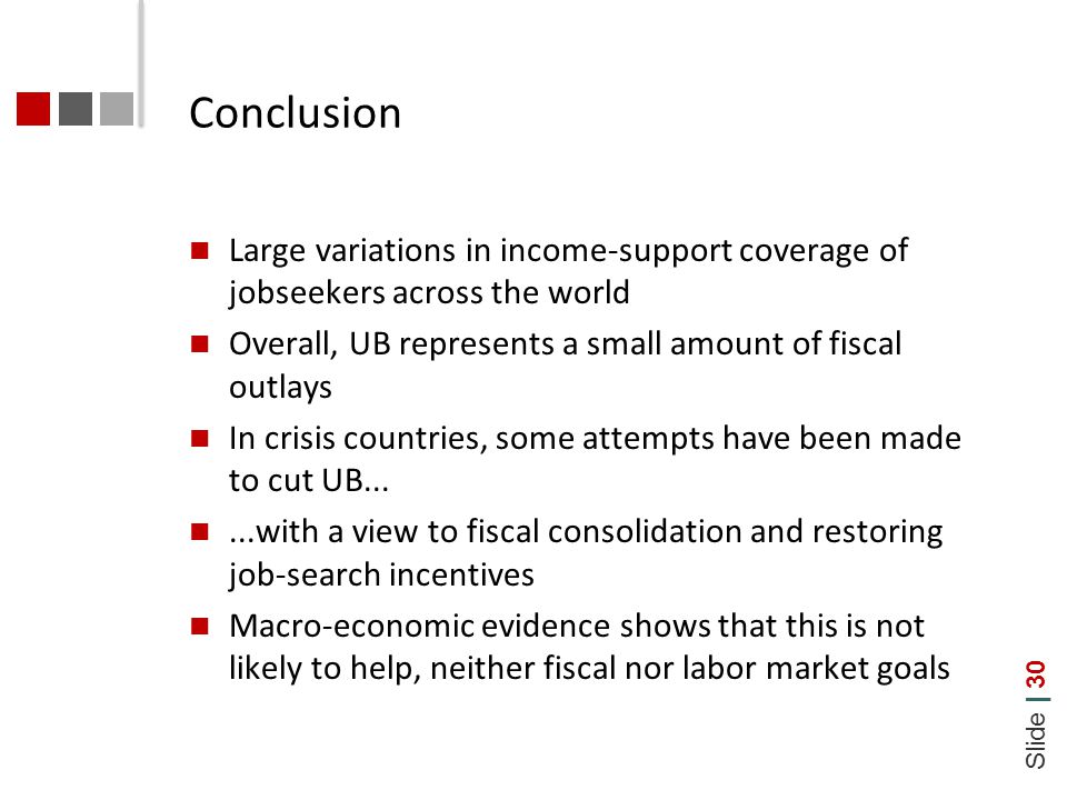 Slide | 30 Conclusion Large variations in income-support coverage of jobseekers across the world Overall, UB represents a small amount of fiscal outlays In crisis countries, some attempts have been made to cut UB......with a view to fiscal consolidation and restoring job-search incentives Macro-economic evidence shows that this is not likely to help, neither fiscal nor labor market goals
