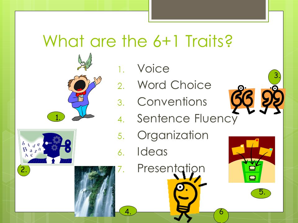 What are the 6+1 Traits. 1. Voice 2. Word Choice 3.