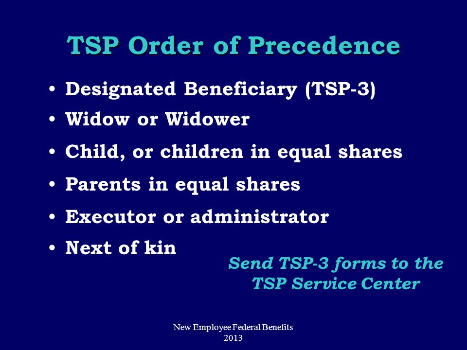 TSP Order of Precedence Designated Beneficiary (TSP-3) Widow or Widower Child, or children in equal shares Parents in equal shares Executor or administrator Next of kin Send TSP-3 forms to the TSP Service Center New Employee Federal Benefits 2013