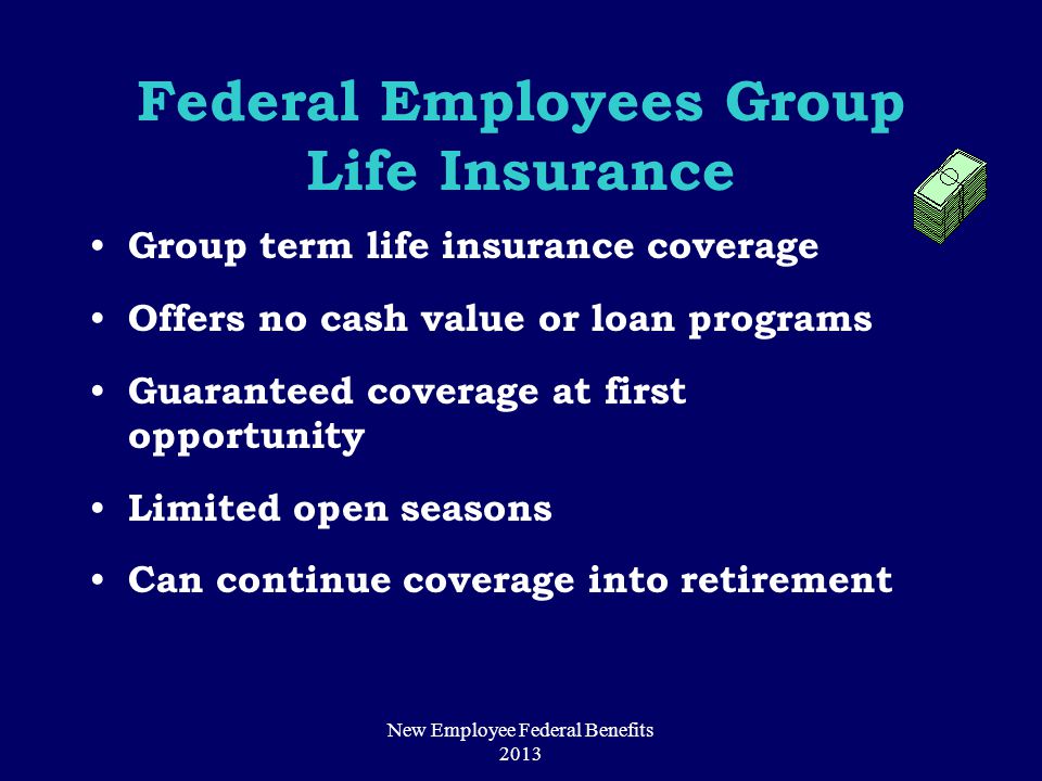Federal Employees Group Life Insurance Group term life insurance coverage Offers no cash value or loan programs Guaranteed coverage at first opportunity Limited open seasons Can continue coverage into retirement New Employee Federal Benefits 2013