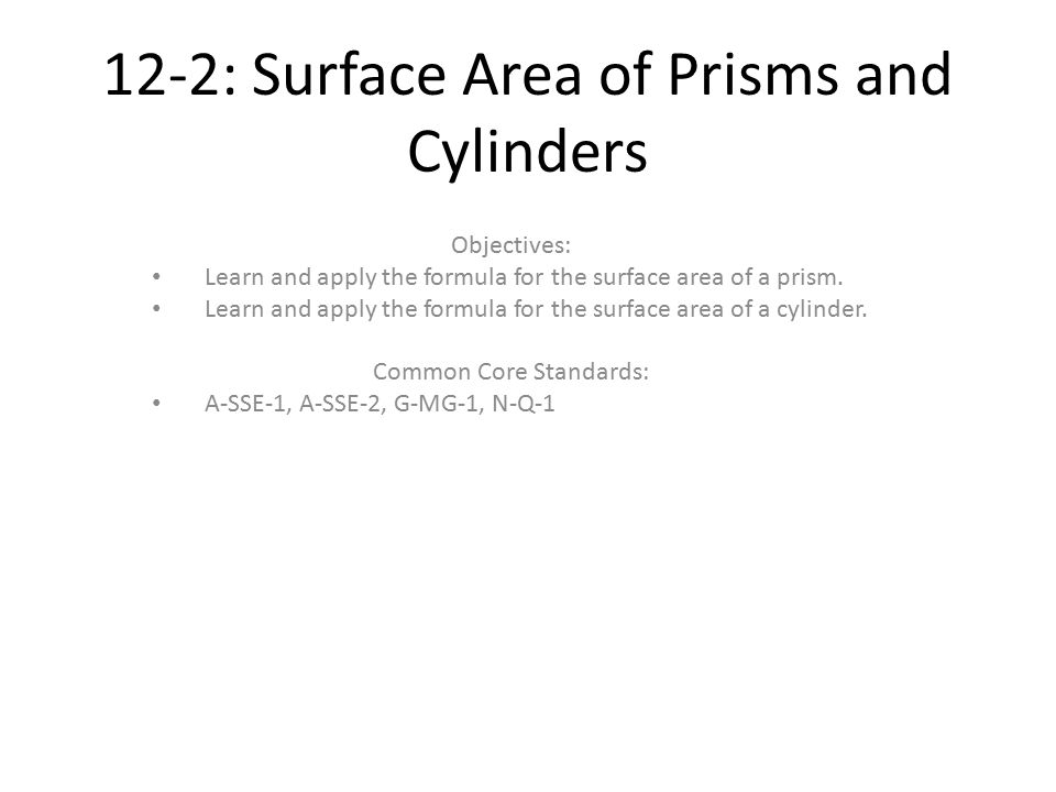 12-2: Surface Area of Prisms and Cylinders Objectives: Learn and apply the formula for the surface area of a prism.