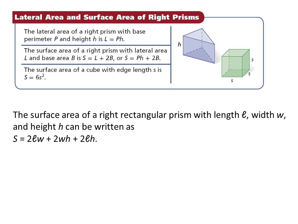 The surface area of a right rectangular prism with length ℓ, width w, and height h can be written as S = 2ℓw + 2wh + 2ℓh.