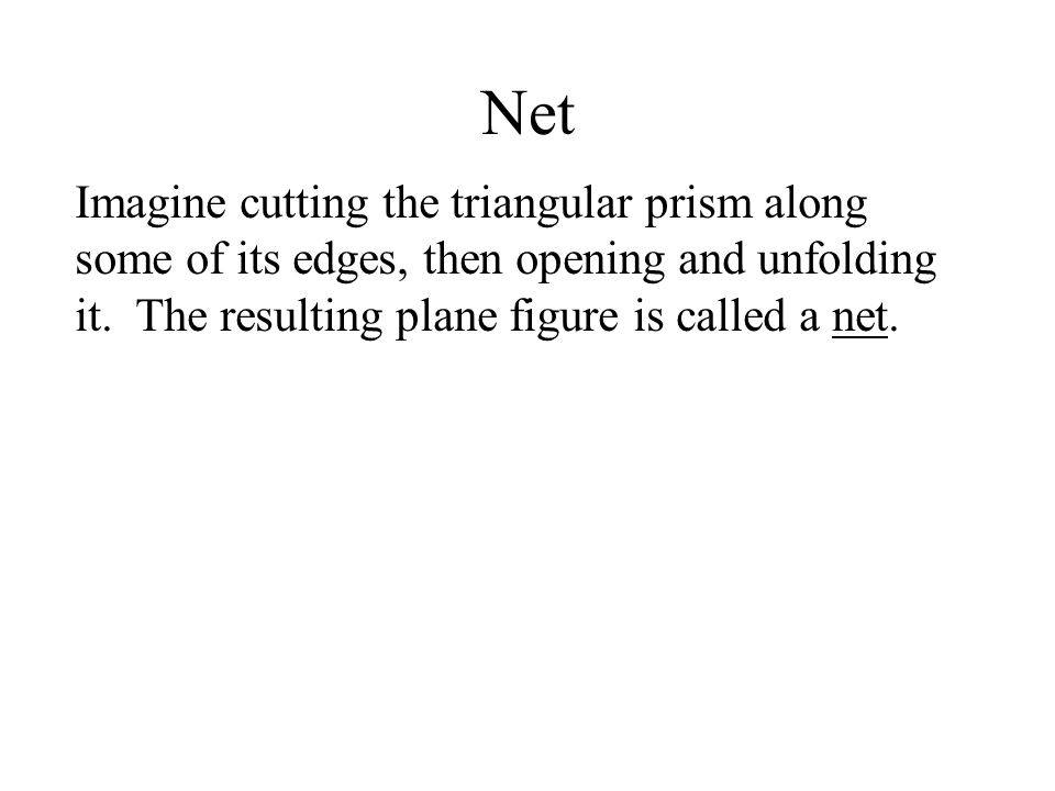 Net Imagine cutting the triangular prism along some of its edges, then opening and unfolding it.