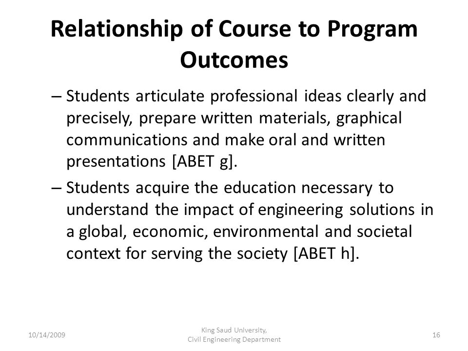 Relationship of Course to Program Outcomes – Students articulate professional ideas clearly and precisely, prepare written materials, graphical communications and make oral and written presentations [ABET g].