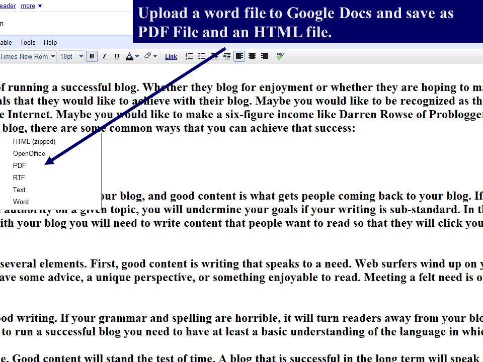 Upload a word file to Google Docs and save as PDF File and an HTML file.