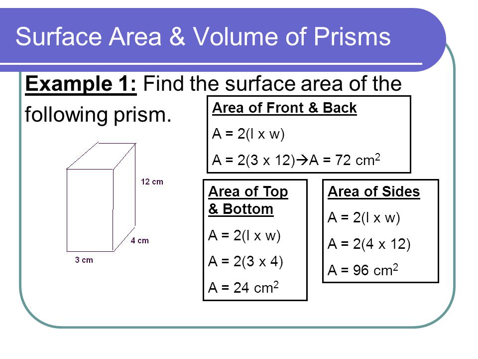 Surface Area & Volume of Prisms Example 1: Find the surface area of the following prism.