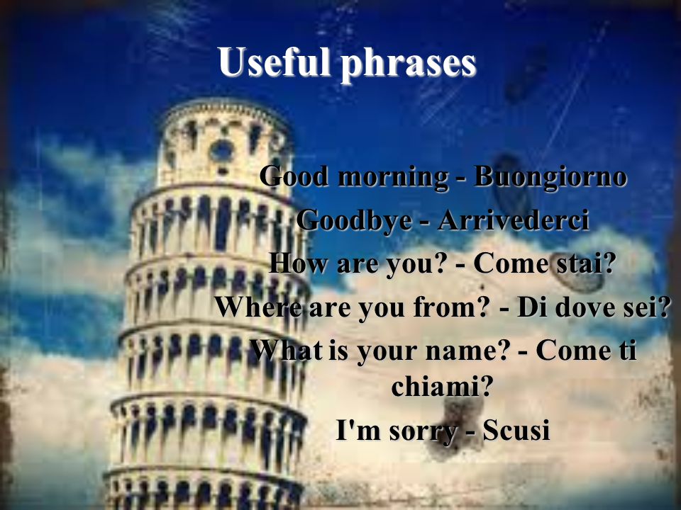 Useful phrases Good morning - Buongiorno Goodbye - Arrivederci How are you.