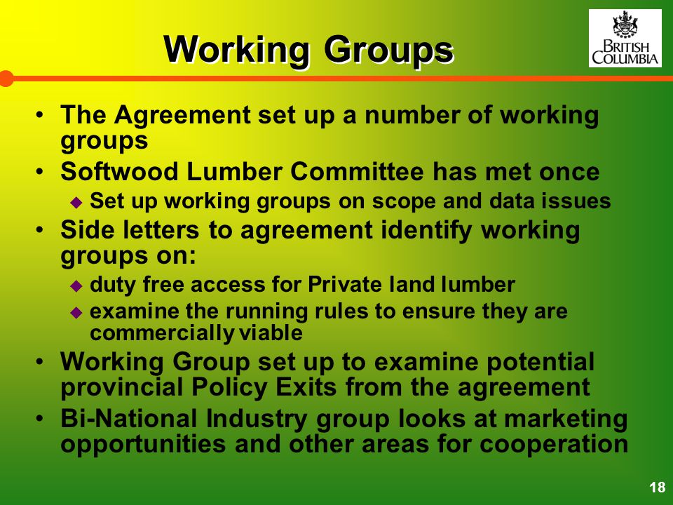 18 Working Groups The Agreement set up a number of working groups Softwood Lumber Committee has met once  Set up working groups on scope and data issues Side letters to agreement identify working groups on:  duty free access for Private land lumber  examine the running rules to ensure they are commercially viable Working Group set up to examine potential provincial Policy Exits from the agreement Bi-National Industry group looks at marketing opportunities and other areas for cooperation