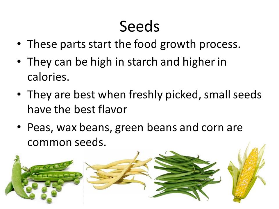 Seeds These parts start the food growth process. They can be high in starch and higher in calories.