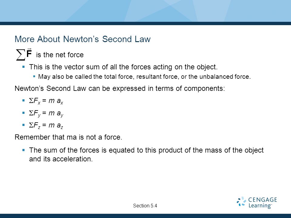 More About Newton’s Second Law  is the net force  This is the vector sum of all the forces acting on the object.