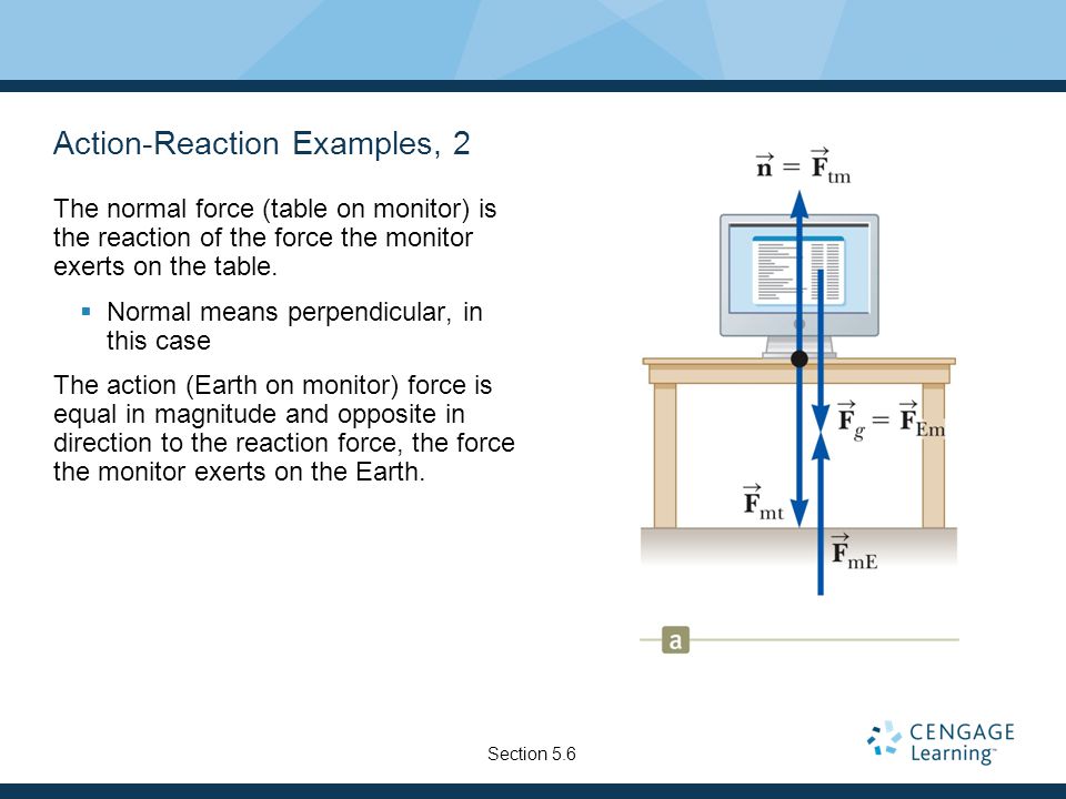 Action-Reaction Examples, 2 The normal force (table on monitor) is the reaction of the force the monitor exerts on the table.