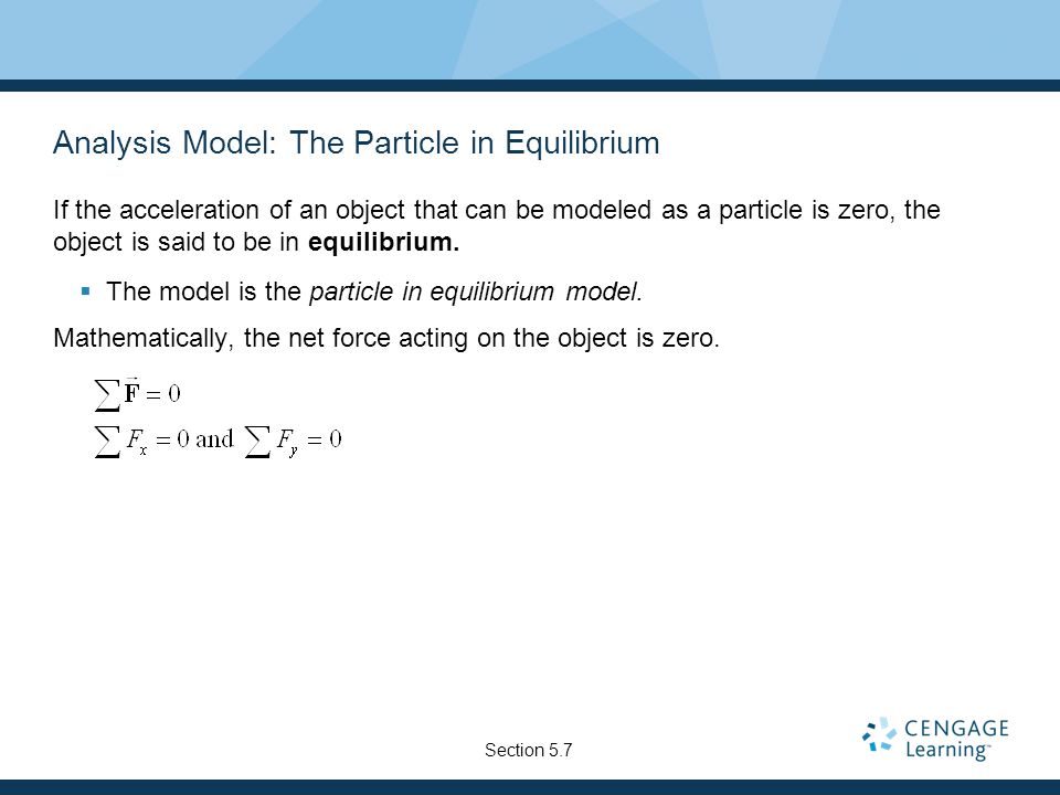 Analysis Model: The Particle in Equilibrium If the acceleration of an object that can be modeled as a particle is zero, the object is said to be in equilibrium.