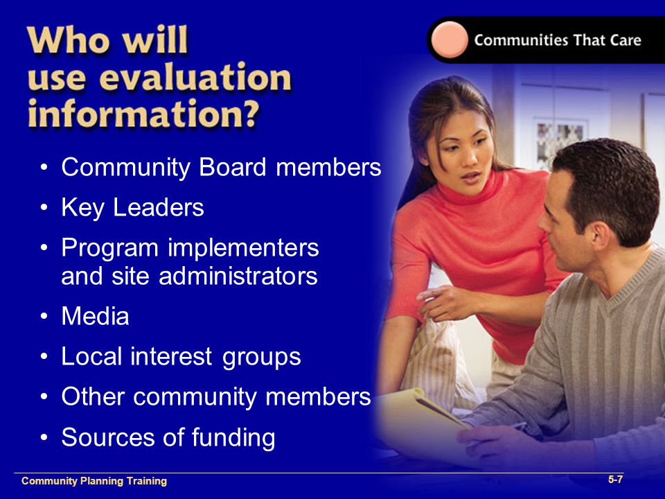 Community Plan Implementation Training 1- Community Planning Training 5-7 Community Board members Key Leaders Program implementers and site administrators Media Local interest groups Other community members Sources of funding