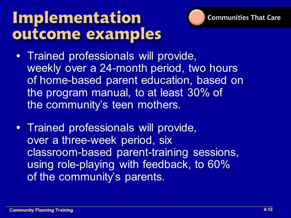 Community Plan Implementation Training 1- Community Planning Training 4-13 Trained professionals will provide, weekly over a 24-month period, two hours of home-based parent education, based on the program manual, to at least 30% of the community’s teen mothers.