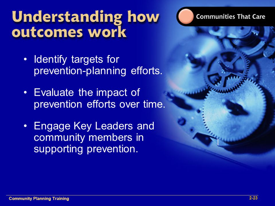 Community Plan Implementation Training 1- Community Planning Training 2-23 Identify targets for prevention-planning efforts.