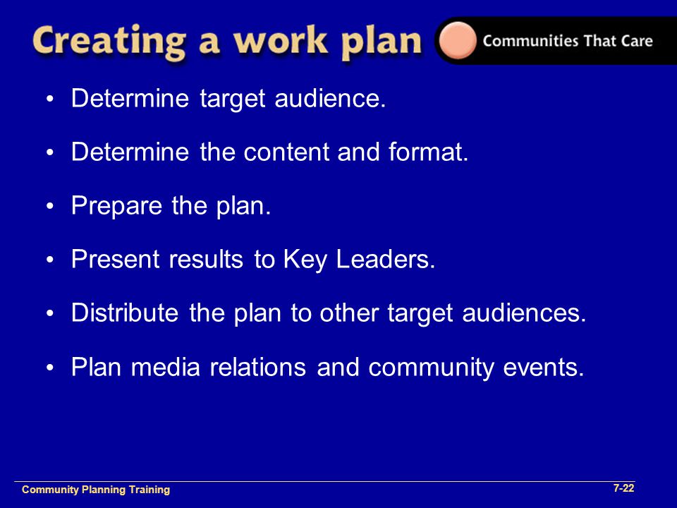 Community Plan Implementation Training 1- Community Planning Training 7-22 Determine target audience.