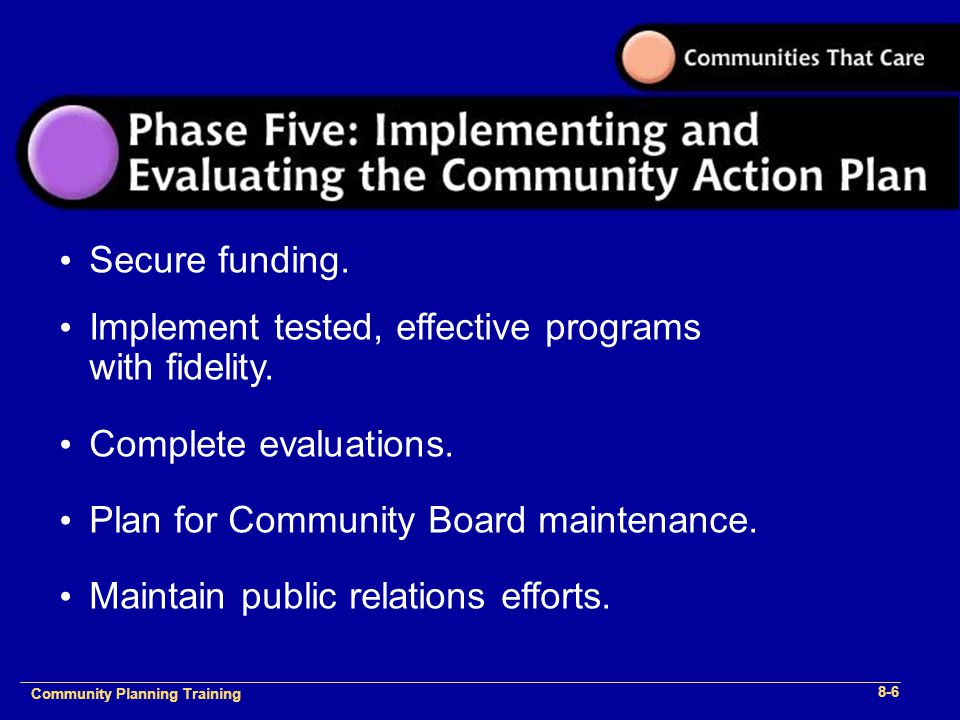 Community Plan Implementation Training 1- Community Planning Training 8-6 Secure funding.