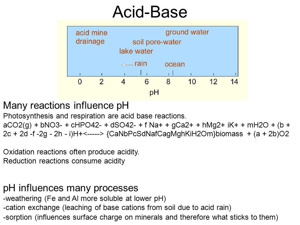 Acid-Base Many reactions influence pH Photosynthesis and respiration are acid base reactions.