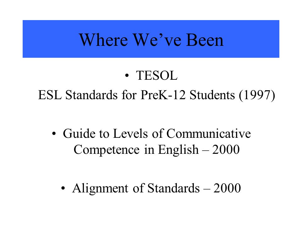 GOALS TO UNDERSTAND THE: Need for Standards for ELLs Use of Standards for ELLs Connection to PA Academic Standards Connection to content area instruction and assessment Use of Standards for ESL instruction and assessment