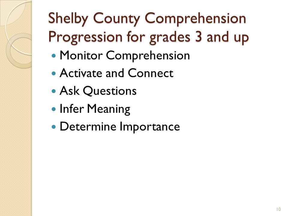 Shelby County Comprehension Progression for grades 3 and up Monitor Comprehension Activate and Connect Ask Questions Infer Meaning Determine Importance 10