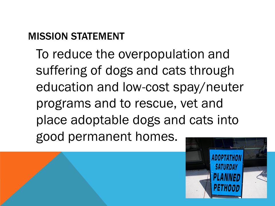 MISSION STATEMENT To reduce the overpopulation and suffering of dogs and cats through education and low-cost spay/neuter programs and to rescue, vet and place adoptable dogs and cats into good permanent homes.