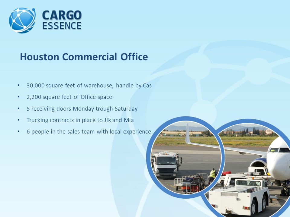 Houston Commercial Office 30,000 square feet of warehouse, handle by Cas 2,200 square feet of Office space 5 receiving doors Monday trough Saturday Trucking contracts in place to Jfk and Mia 6 people in the sales team with local experience
