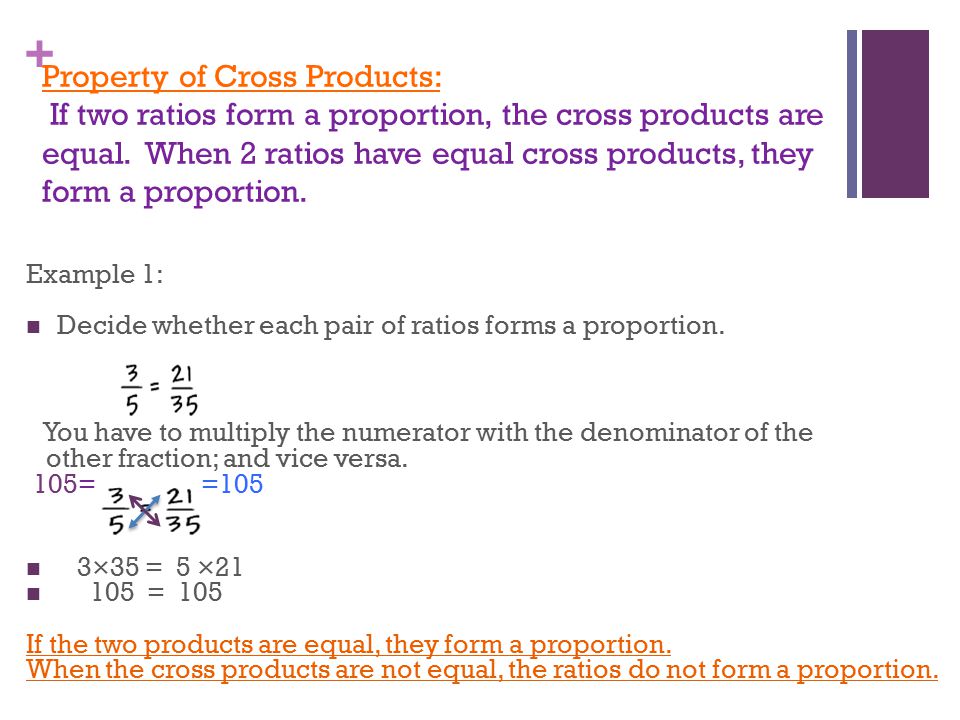 + Property of Cross Products: If two ratios form a proportion, the cross products are equal.
