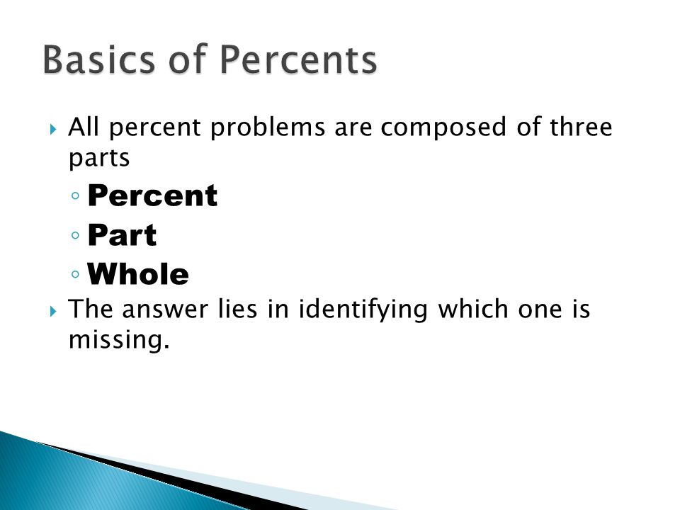  All percent problems are composed of three parts ◦ Percent ◦ Part ◦ Whole  The answer lies in identifying which one is missing.