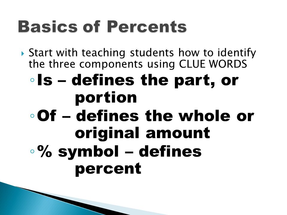  Start with teaching students how to identify the three components using CLUE WORDS ◦ Is – defines the part, or portion ◦ Of – defines the whole or original amount ◦ % symbol – defines percent