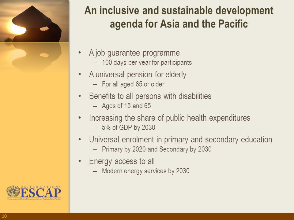 An inclusive and sustainable development agenda for Asia and the Pacific 10 A job guarantee programme – 100 days per year for participants A universal pension for elderly – For all aged 65 or older Benefits to all persons with disabilities – Ages of 15 and 65 Increasing the share of public health expenditures – 5% of GDP by 2030 Universal enrolment in primary and secondary education – Primary by 2020 and Secondary by 2030 Energy access to all – Modern energy services by 2030