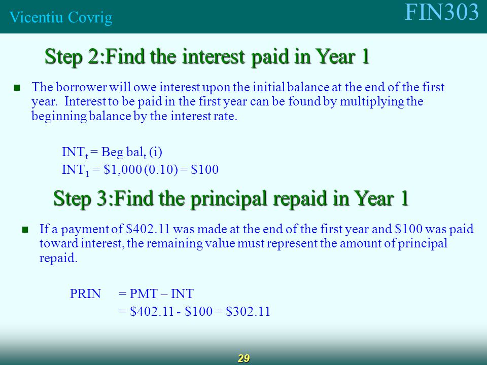 FIN303 Vicentiu Covrig 29 Step 2:Find the interest paid in Year 1 The borrower will owe interest upon the initial balance at the end of the first year.