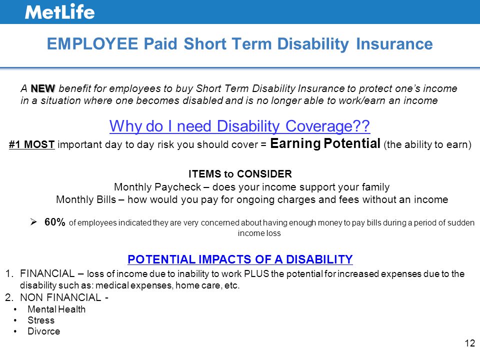 EMPLOYEE Paid Short Term Disability Insurance NEW A NEW benefit for employees to buy Short Term Disability Insurance to protect one’s income in a situation where one becomes disabled and is no longer able to work/earn an income 12 Why do I need Disability Coverage .