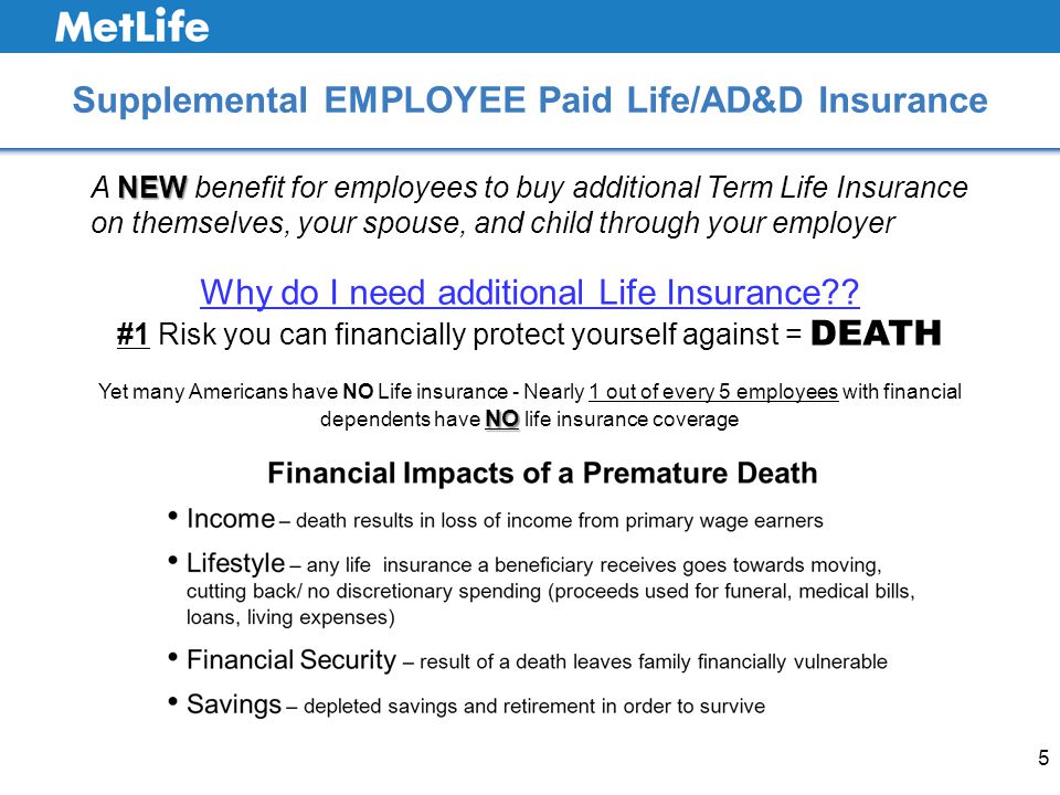 5 Supplemental EMPLOYEE Paid Life/AD&D Insurance NEW A NEW benefit for employees to buy additional Term Life Insurance on themselves, your spouse, and child through your employer Why do I need additional Life Insurance .