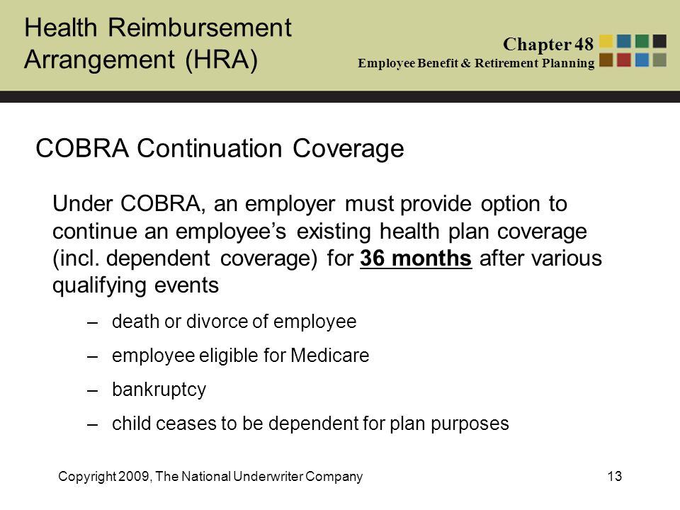 Health Reimbursement Arrangement (HRA) Chapter 48 Employee Benefit & Retirement Planning Copyright 2009, The National Underwriter Company13 COBRA Continuation Coverage Under COBRA, an employer must provide option to continue an employee’s existing health plan coverage (incl.