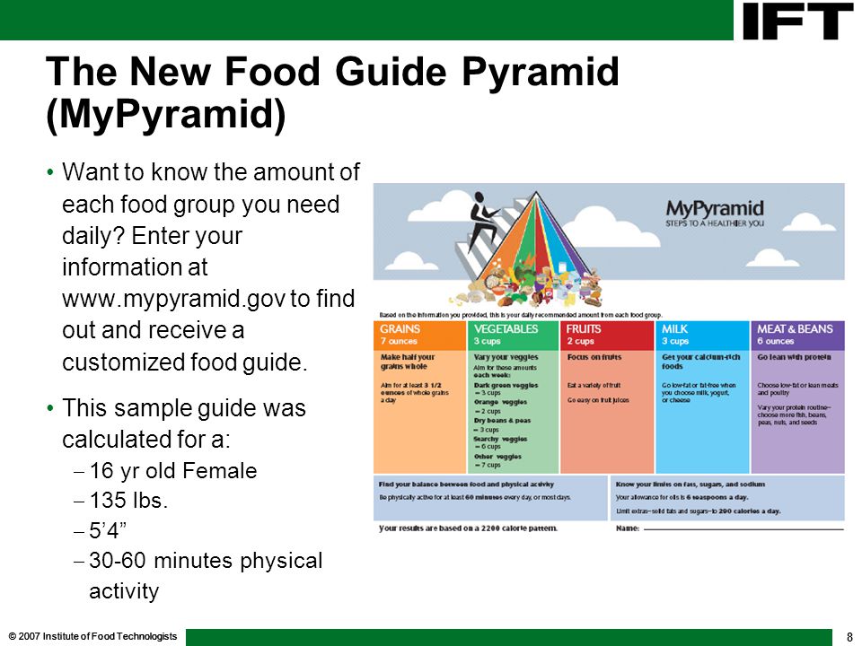 2007 institute of food technologists nutrition and labeling 101 2007 institute of food technologists 8 the new food guide pyramid mypyramid want