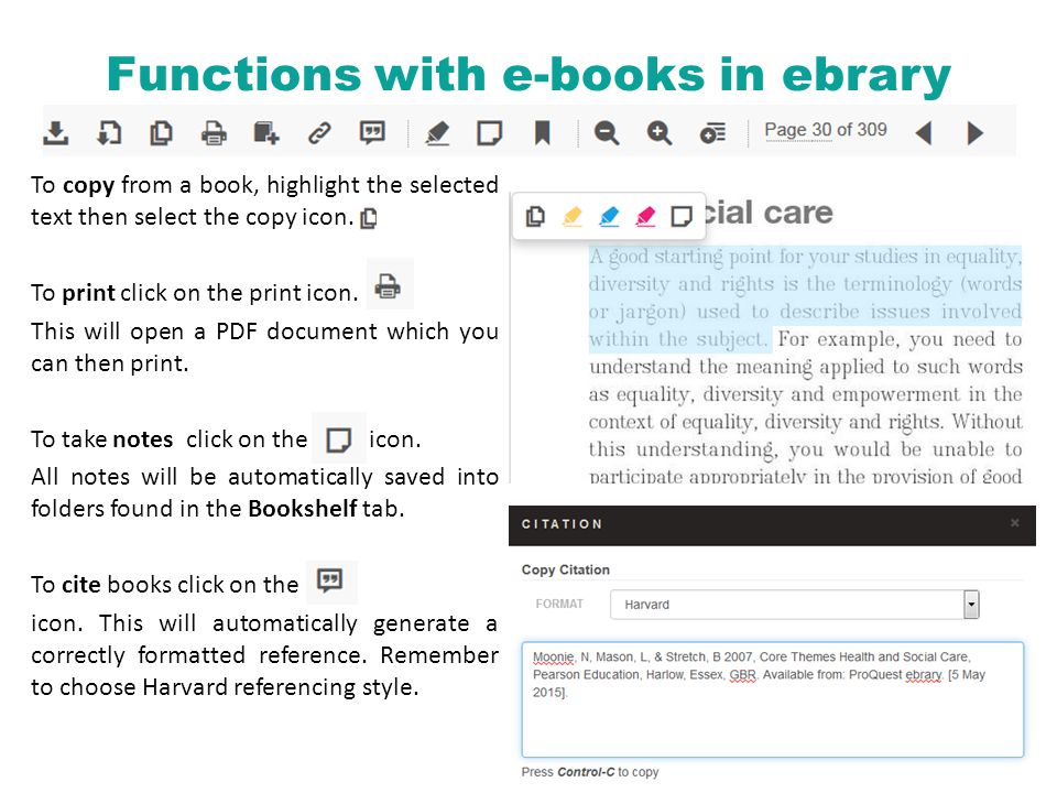 To copy from a book, highlight the selected text then select the copy icon.