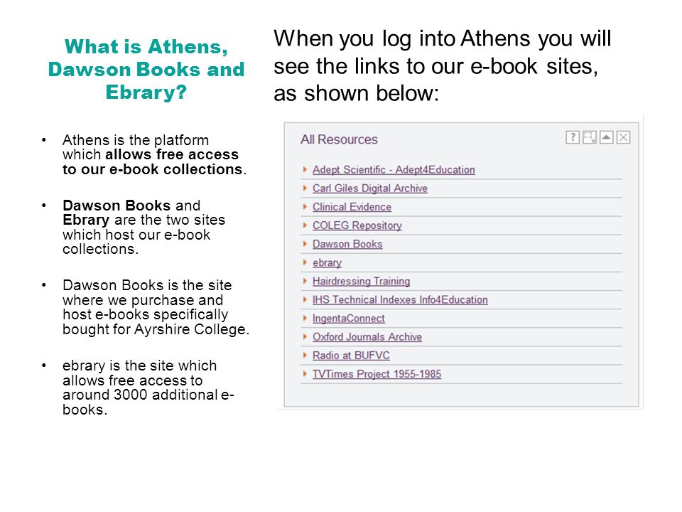 What is Athens, Dawson Books and Ebrary.