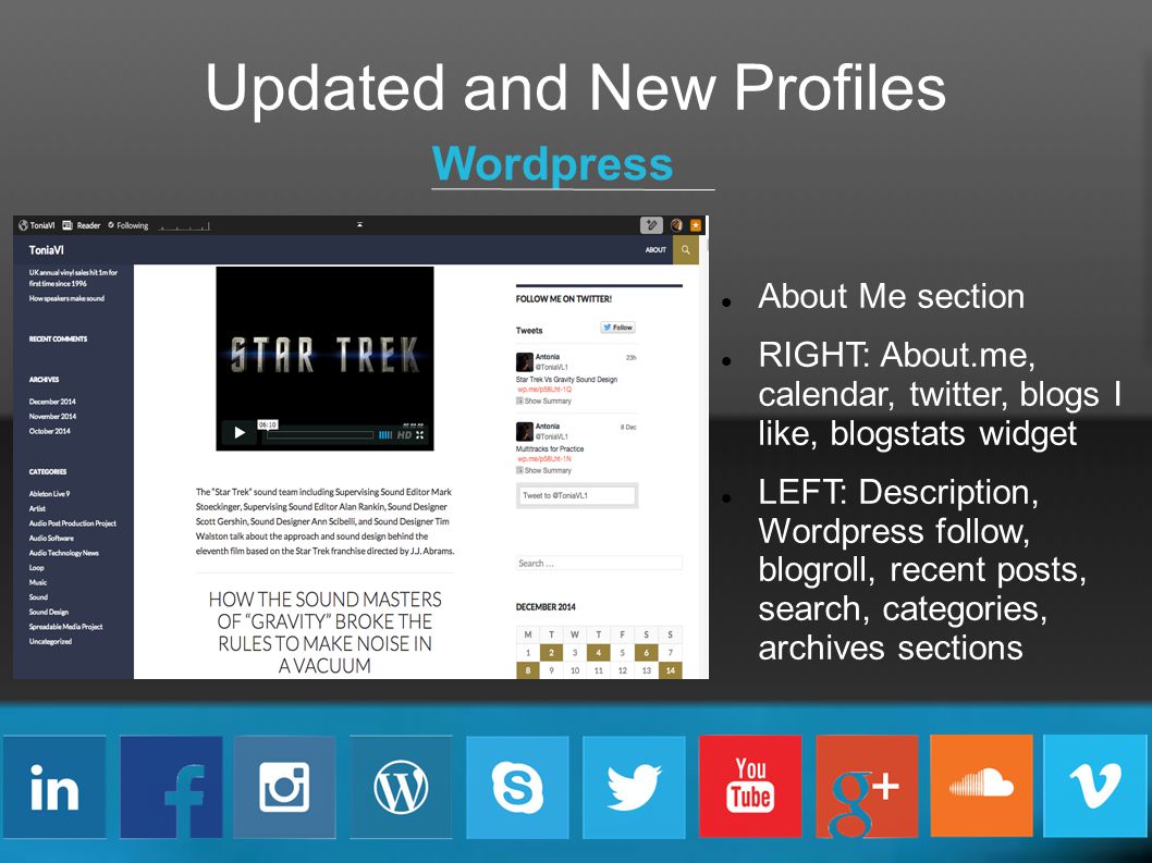 Updated and New Profiles Wordpress About Me section RIGHT: About.me, calendar, twitter, blogs I like, blogstats widget LEFT: Description, Wordpress follow, blogroll, recent posts, search, categories, archives sections