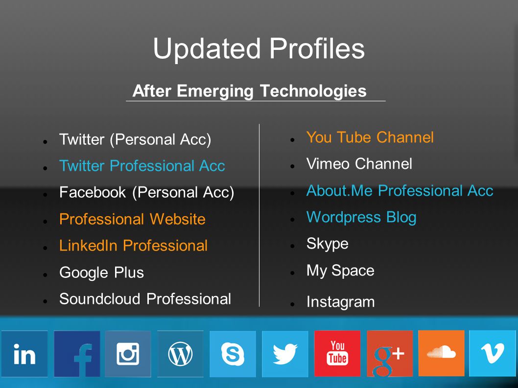 Updated Profiles After Emerging Technologies Twitter (Personal Acc) Twitter Professional Acc Facebook (Personal Acc) Professional Website LinkedIn Professional Google Plus Soundcloud Professional You Tube Channel Vimeo Channel About.Me Professional Acc Wordpress Blog Skype My Space Instagram