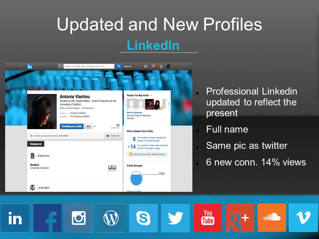 Updated and New Profiles LinkedIn Professional Linkedin updated to reflect the present Full name Same pic as twitter 6 new conn.