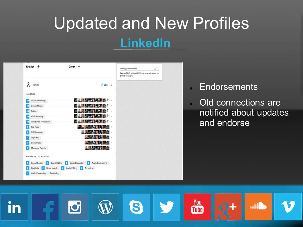 Updated and New Profiles LinkedIn Endorsements Old connections are notified about updates and endorse
