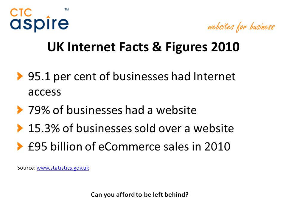 UK Internet Facts & Figures per cent of businesses had Internet access 79% of businesses had a website 15.3% of businesses sold over a website £95 billion of eCommerce sales in 2010 Source:   Can you afford to be left behind