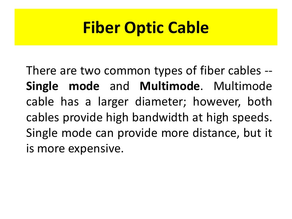 Fiber Optic Cable There are two common types of fiber cables -- Single mode and Multimode.