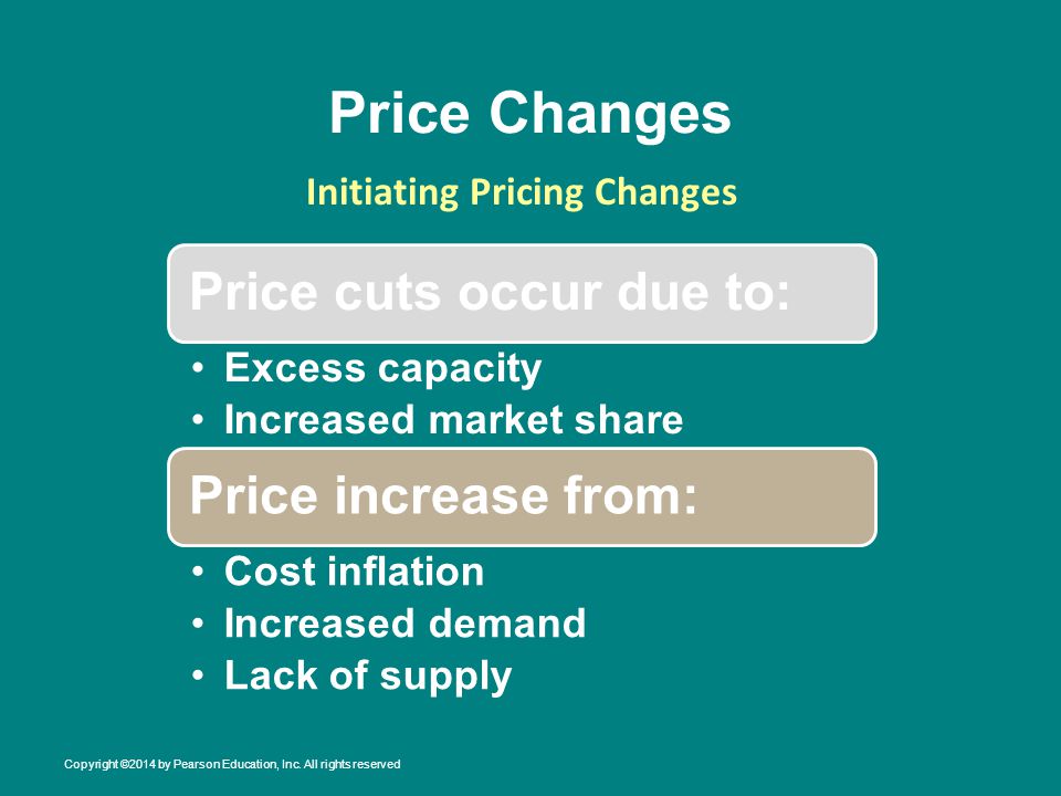 Price Changes Initiating Pricing Changes Price cuts occur due to: Excess capacity Increased market share Price increase from: Cost inflation Increased demand Lack of supply Copyright ©2014 by Pearson Education, Inc.