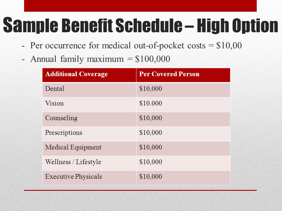 Sa mple Benefit Schedule – High Option -Per occurrence for medical out-of-pocket costs = $10,00 -Annual family maximum = $100,000 Additional CoveragePer Covered Person Dental$10,000 Vision$ Counseling$10,000 Prescriptions$10,000 Medical Equipment$10,000 Wellness / Lifestyle$10,000 Executive Physicals$10,000