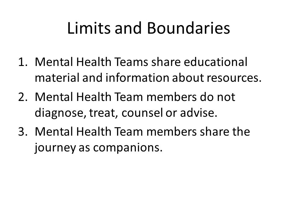 Limits and Boundaries 1.Mental Health Teams share educational material and information about resources.