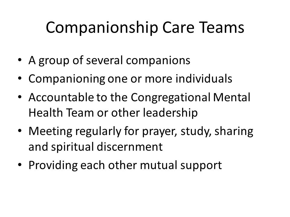 Companionship Care Teams A group of several companions Companioning one or more individuals Accountable to the Congregational Mental Health Team or other leadership Meeting regularly for prayer, study, sharing and spiritual discernment Providing each other mutual support
